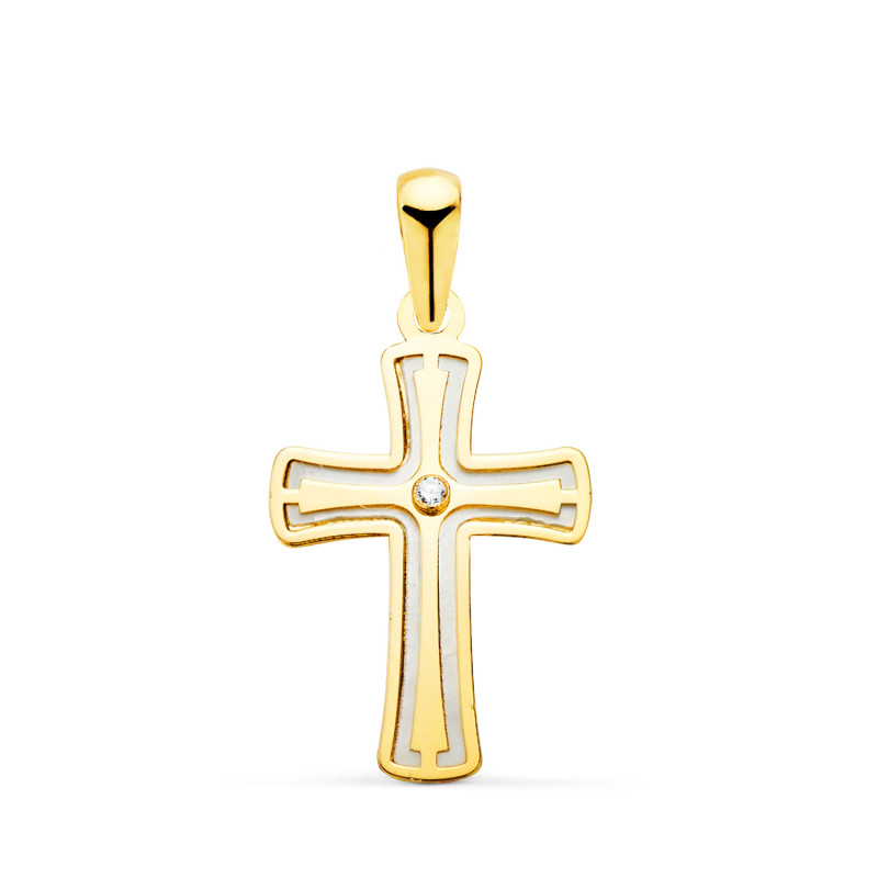 18K CRUZ ORO AMARILLO CON NACAR Y CIRCONITA 20 X 12 MM