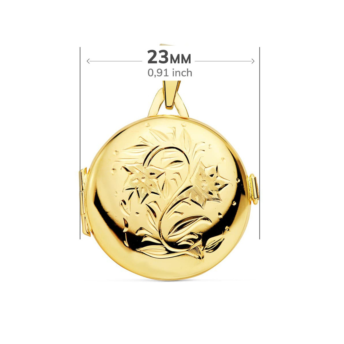 18K GUARDAPELO DIJE PORTAFOTOS ORO AMARILLO REDONDO LABRADO. 23 MM