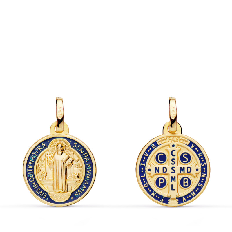 18K ESCAPULARIO ORO AMARILLO SAN BENITO MONJE MATIZADO ESMALTE AZUL. ANCHO: 14 MM
