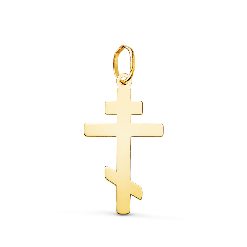 18K COLGANTE ORO AMARILLO CRUZ ORTODOXA SILUETA EN BRILLO. 22 X 12 MM