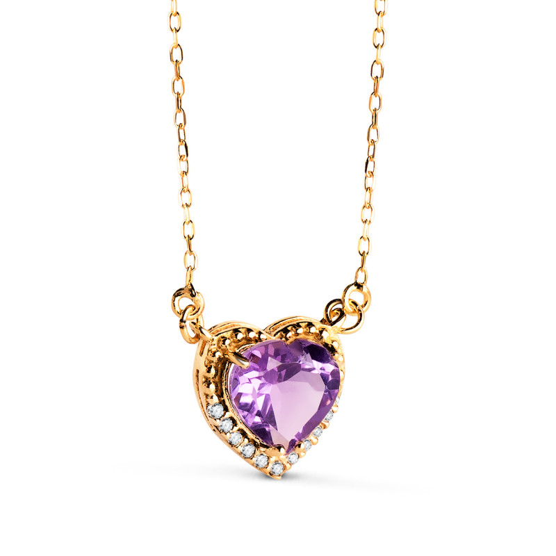 18K GARGANTILLA ORO AMARILLO CORAZON AMATISTA 7MM CIRCONITAS CADENA 40-2CM C. AMOR