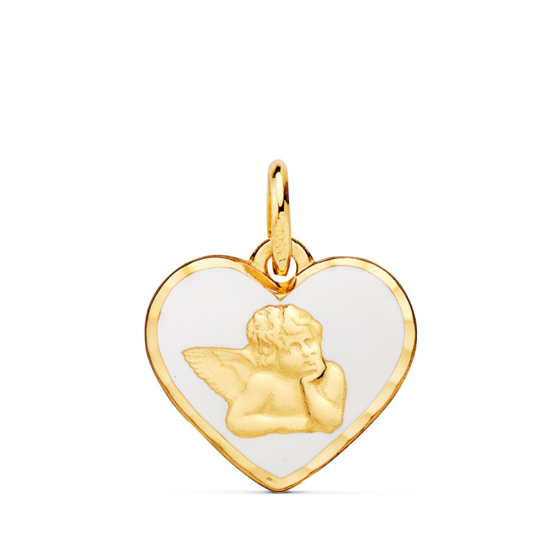 18K MEDALLA ORO AMARILLO CORAZON ANGELITO BURLON ESMALTE BLANCO 14 MM C. AMOR