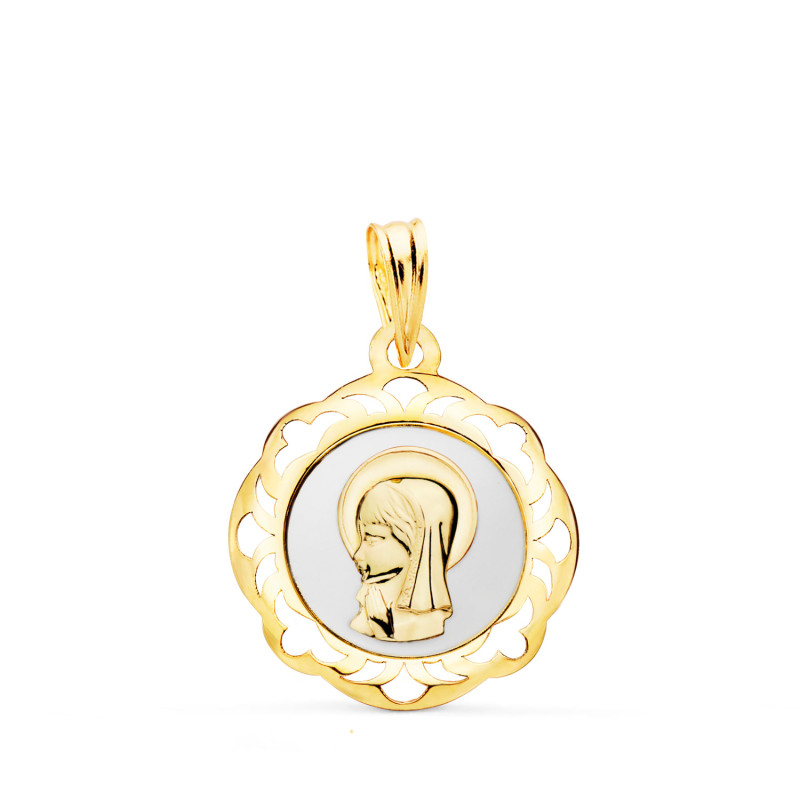 18K MEDALLA ORO AMARILLO VIRGEN NIÑA ESMALTE BLANCO Y CERCO CALADO EN BRILLO 20X18 MM