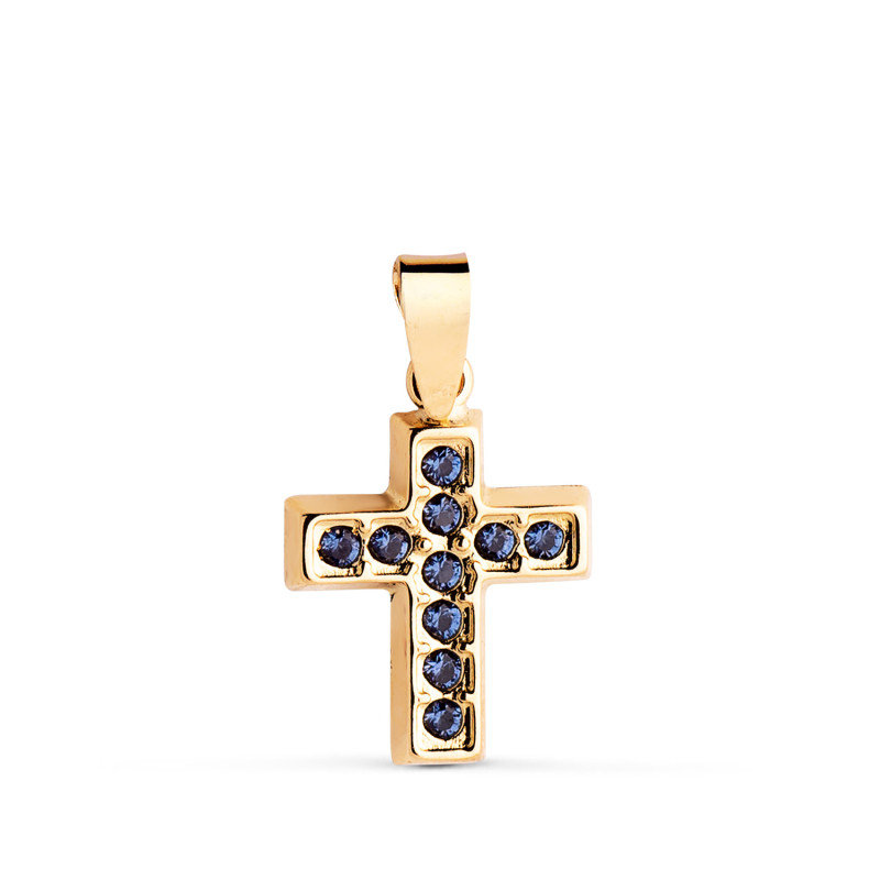 18K CRUZ ORO AMARILLO CON CIRCONITAS AZULES. MEDIDA: 13,5 X 10 MM