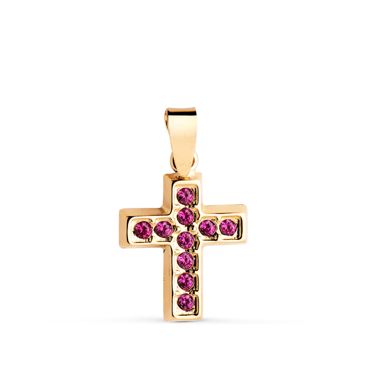 18K CRUZ ORO AMARILLO CON CIRCONITAS ROJAS. MEDIDA: 13,5 X 10 MM