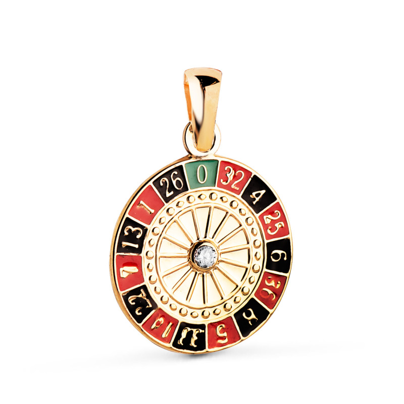 18K COLGANTE AMULETO ORO AMARILLO RULETA CASINO ESMALTADA CON CIRCONITA. MEDIDA: 14,5 MM