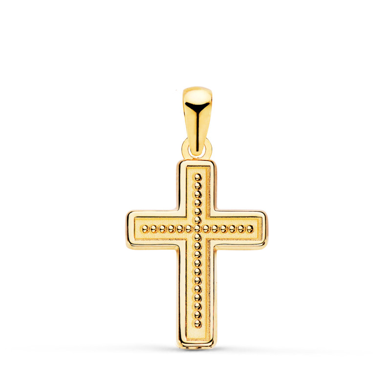 18K CRUZ ORO AMARILLO CON INTERIOR DE BOLITAS. 19 X 13 MM