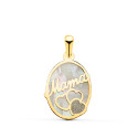 18K COLGANTE DE NACAR OVALORO AMARILLO MAMA CON CORAZONES Y POLVO DE DIAMANTE 17X13MM