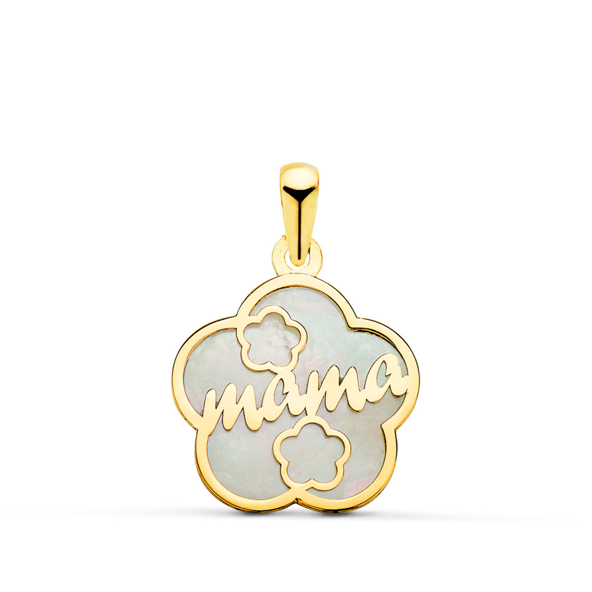 18K COLGANTE DE NACAR ORO AMARILLO FORMA DE FLOR Y MAMA CON CORAZONES 15X15MM