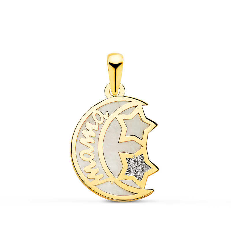 18K COLGANTE DE ORO AMARILLO NACAR FORMA DE LUNA Y MAMA CON ESTRELLAS 16X13MM
