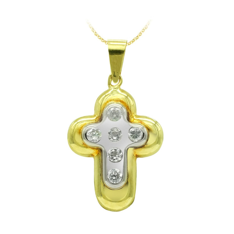 18K CRUZ ORO BICOLOR Y CIRCONITA 22X15 MM
