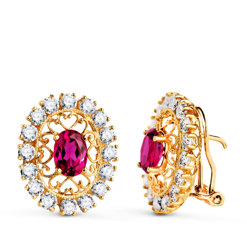 18K PENDIENTES ORO AMARILLO PIEDRA ROSA 7X5 MM CON CIRCONITAS. MEDIDA: 19X16 MM. CIERRE OMEGA