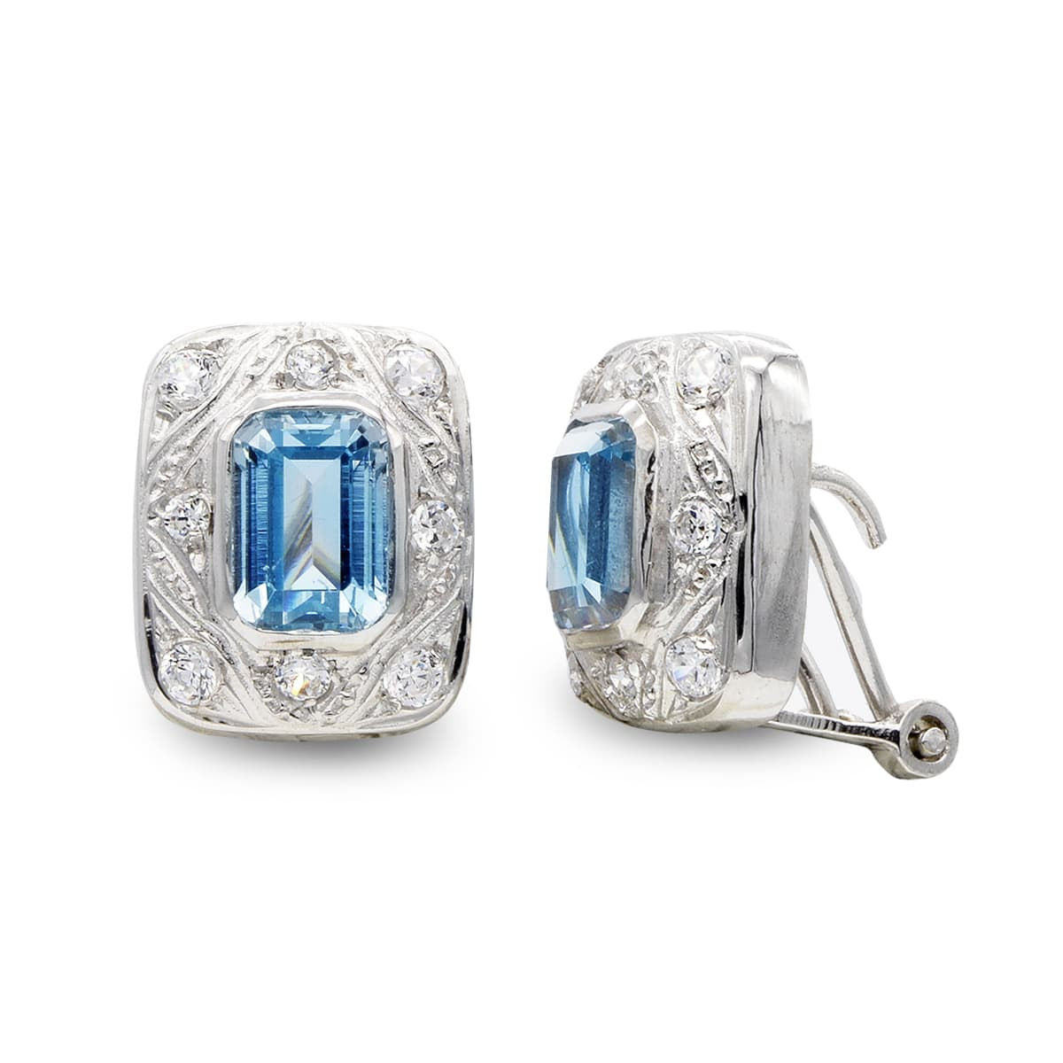 18K PENDIENTES AGUA MARINA Y CIRCONITAS ORO BLANCO 12 X 10MM CIERRE OMEGA