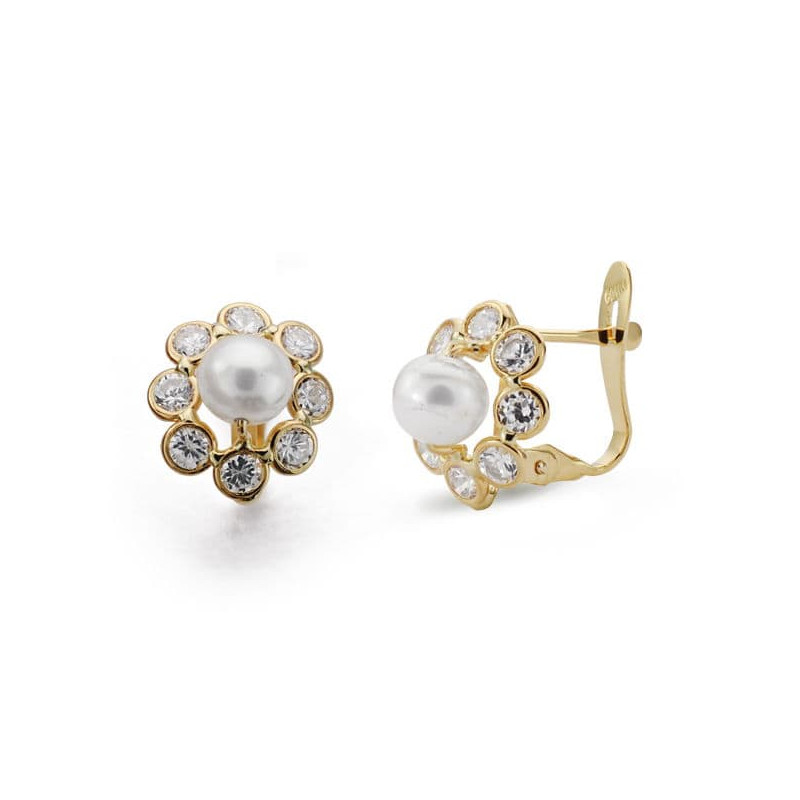 18K PENDIENTES ORO AMARILLO PERLA CIRCONITA 11X9 MM CIERRE CATALAN
