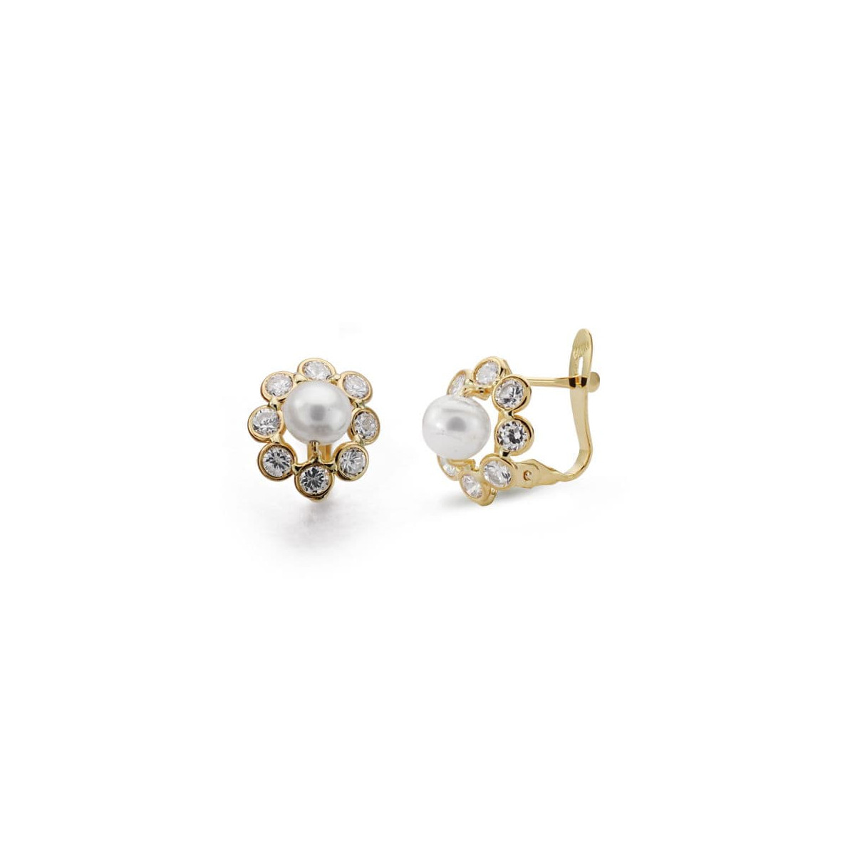 18K PENDIENTES ORO AMARILLO PERLA CIRCONITA 11X9 MM CIERRE CATALAN