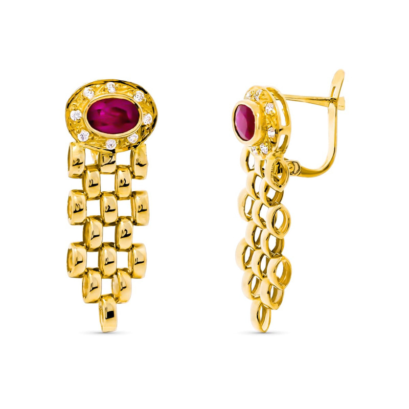 18K PENDIENTES ORO AMARILLO PANTER Y PIEDRA RUBI 6X4 MM CIERRE CATALAN