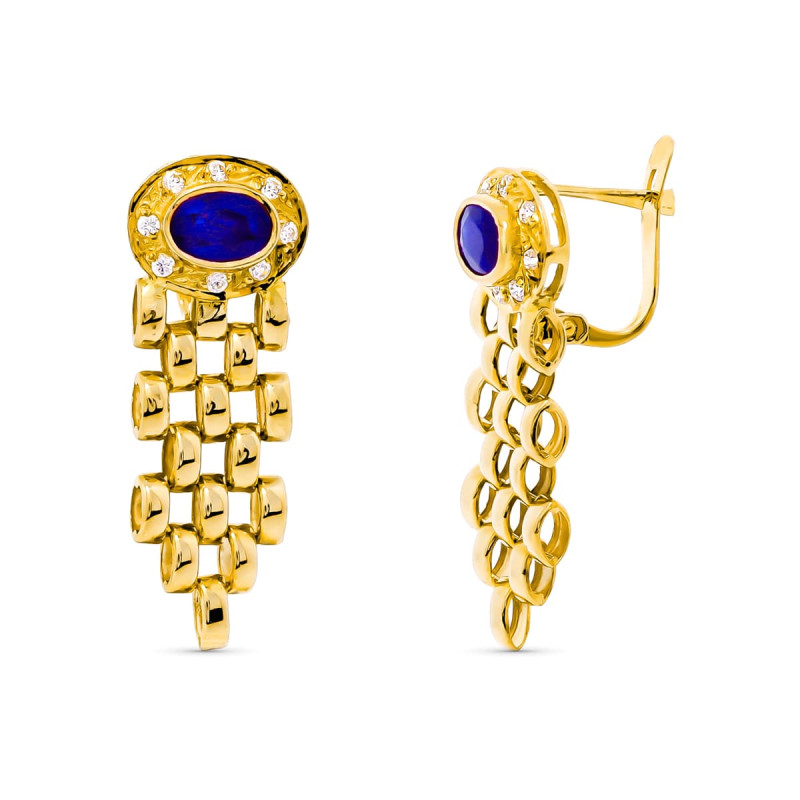 18K PENDIENTES ORO AMARILLO PANTER Y PIEDRA ZAFIRO 6X4 MM CIERRE CATALAN