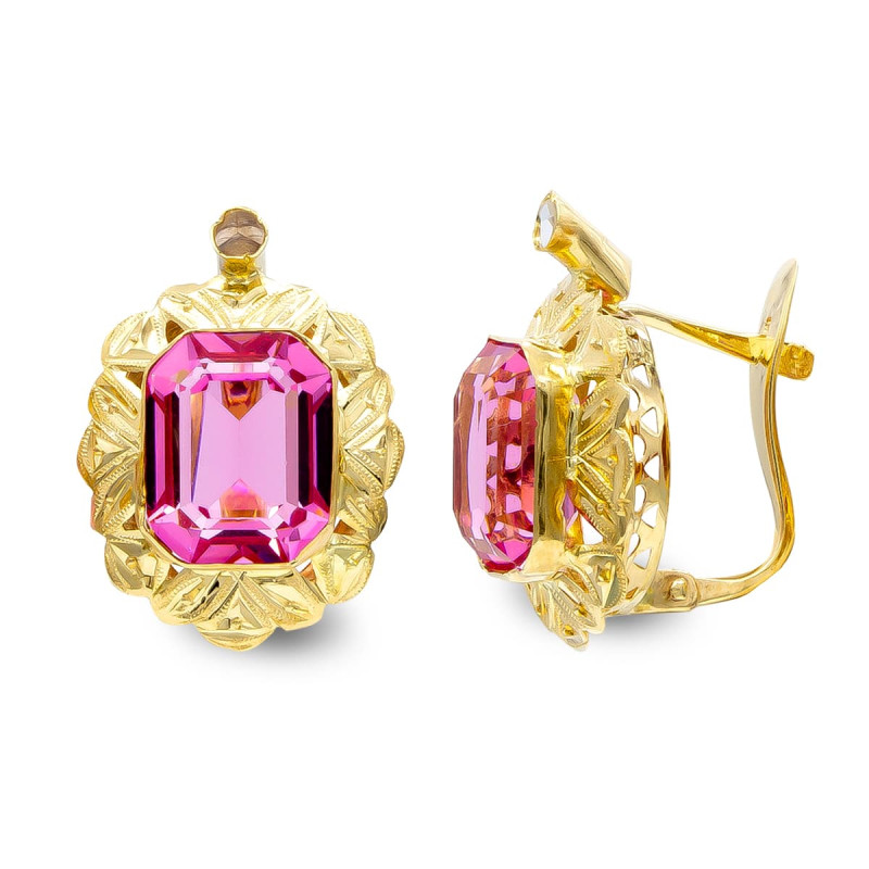 18K PENDIENTES ORO AMARILLO PIEDRA ROSA 10X8 MM CIRCONITA CIERRE CATALAN