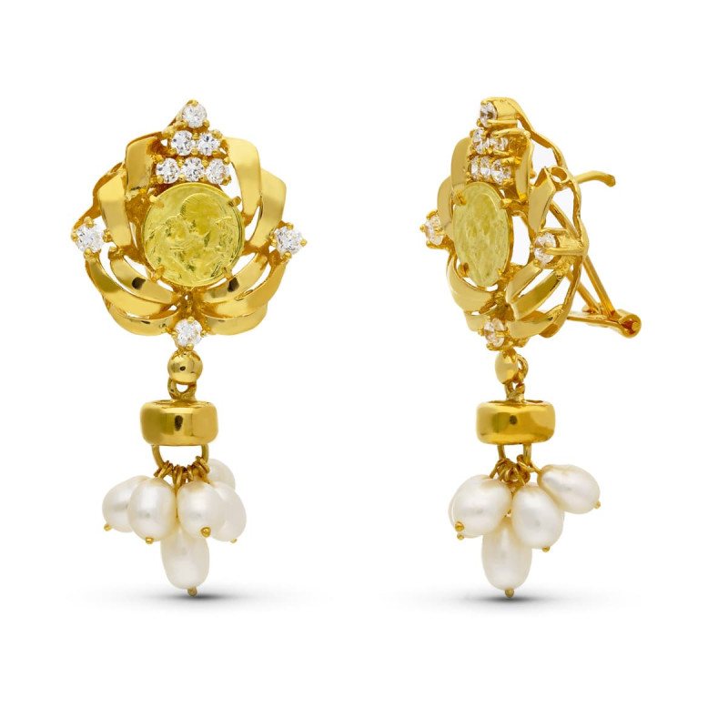 18K PENDIENTES ORO AMARILLO MADRE PERLA 38X19 MM CIERRE OMEGA