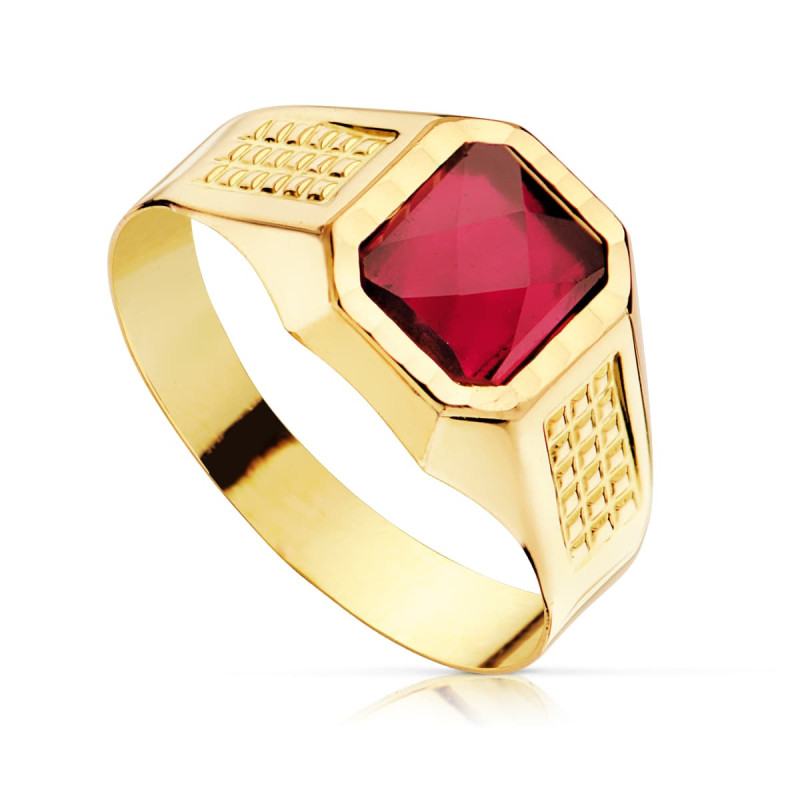 18K SELLO ORO AMARILLO CADETE HUECO PIEDRA RUBI SPINEL 7X6 MM
