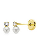 9K PENDIENTES ORO AMARILLO PERLAS Y CIRCONITA 6 X 3,5 MM CIERRE TUERCA