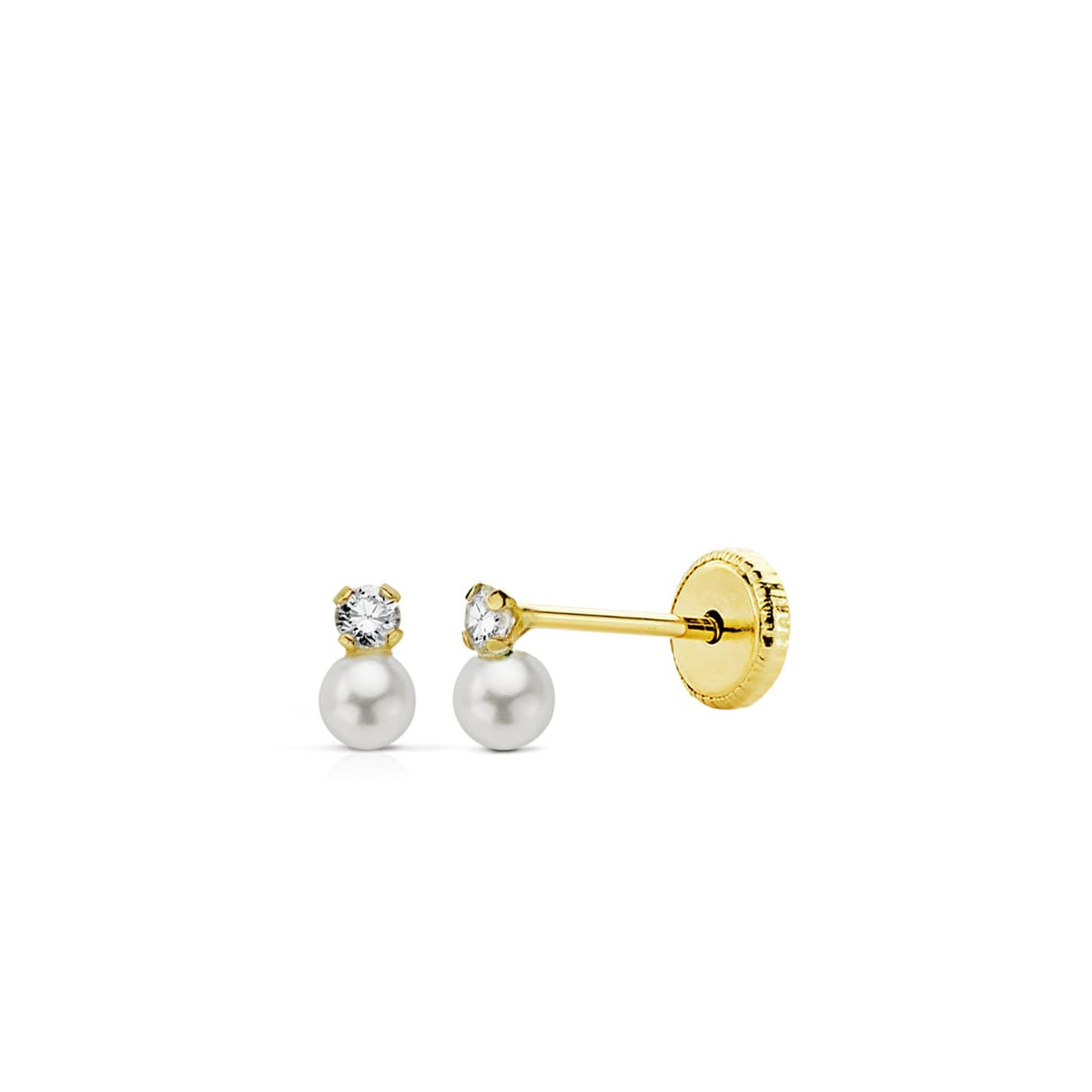 9K PENDIENTES ORO AMARILLO PERLAS Y CIRCONITA 6 X 3,5 MM CIERRE TUERCA
