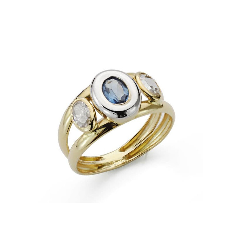 9K SORTIJA ORO BICOLOR PIEDRA DOBLE CUERPO CON CIRCONITA AGUAMARINA OVAL EN BOCEL. ANCHO: 10 MM