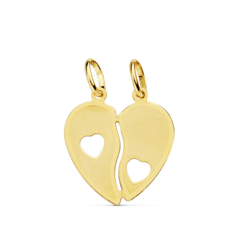 9K COLGANTE ORO AMARILLO CORAZONES PARTIDOS DOS ANILLAS. MEDIDA: 16 X 14 MM
