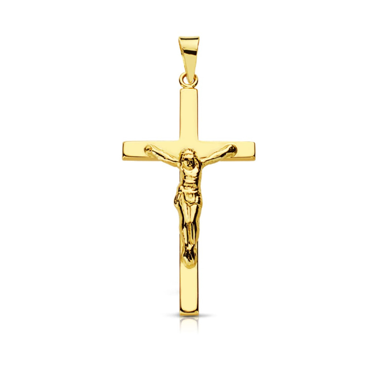 9K CRUZ ORO AMARILLO CON CRISTO PALO PLANO. 29X17 MM