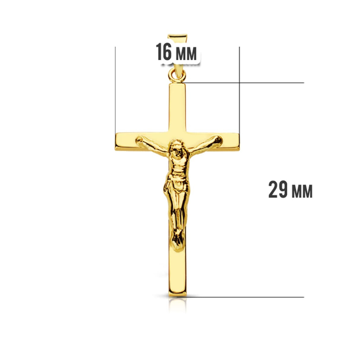 9K CRUZ ORO AMARILLO CON CRISTO PALO PLANO. 29X17 MM