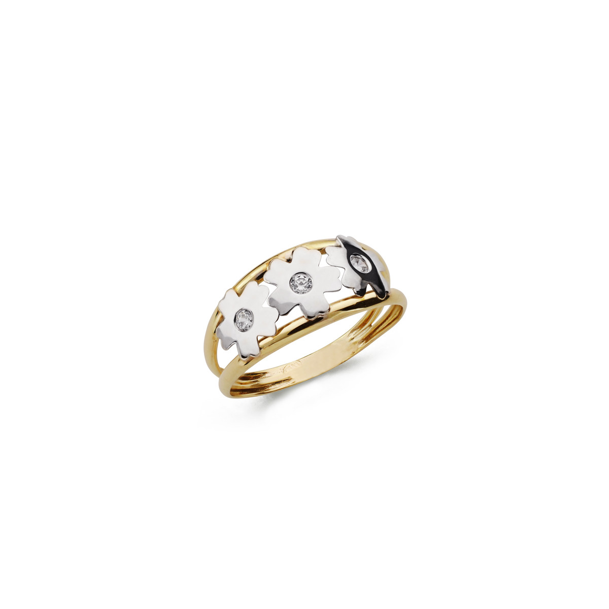 9K SORTIJA ORO BICOLOR DOBLE CUERPO CON FLORES Y CIRCONITAS. ANCHO: 7,5 MM