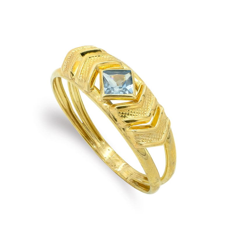 9K SORTIJA ORO AMARILLO MOTIVO CON CIRCONITA COLOR AGUAMARINA. ANCHO: 6,5 MM