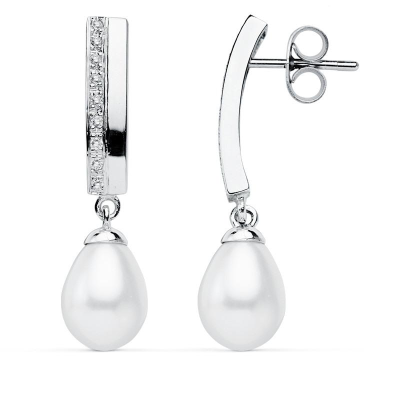 9K PENDIENTES ORO BLANCO PERLA 30X7 MM CIERRE PRESION