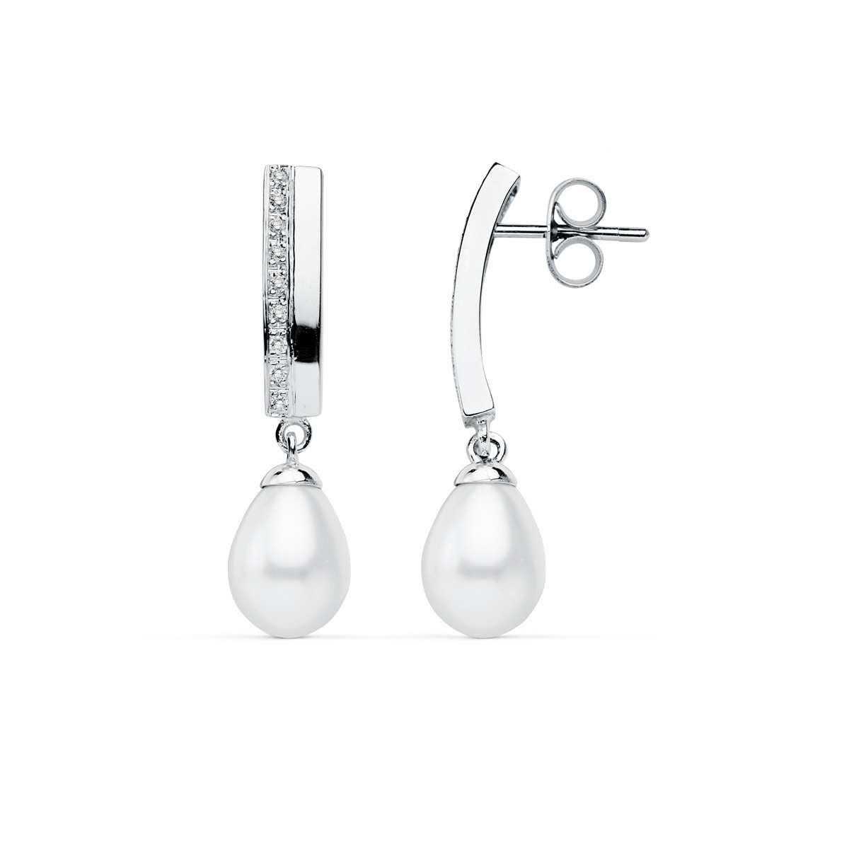 9K PENDIENTES ORO BLANCO PERLA 30X7 MM CIERRE PRESION