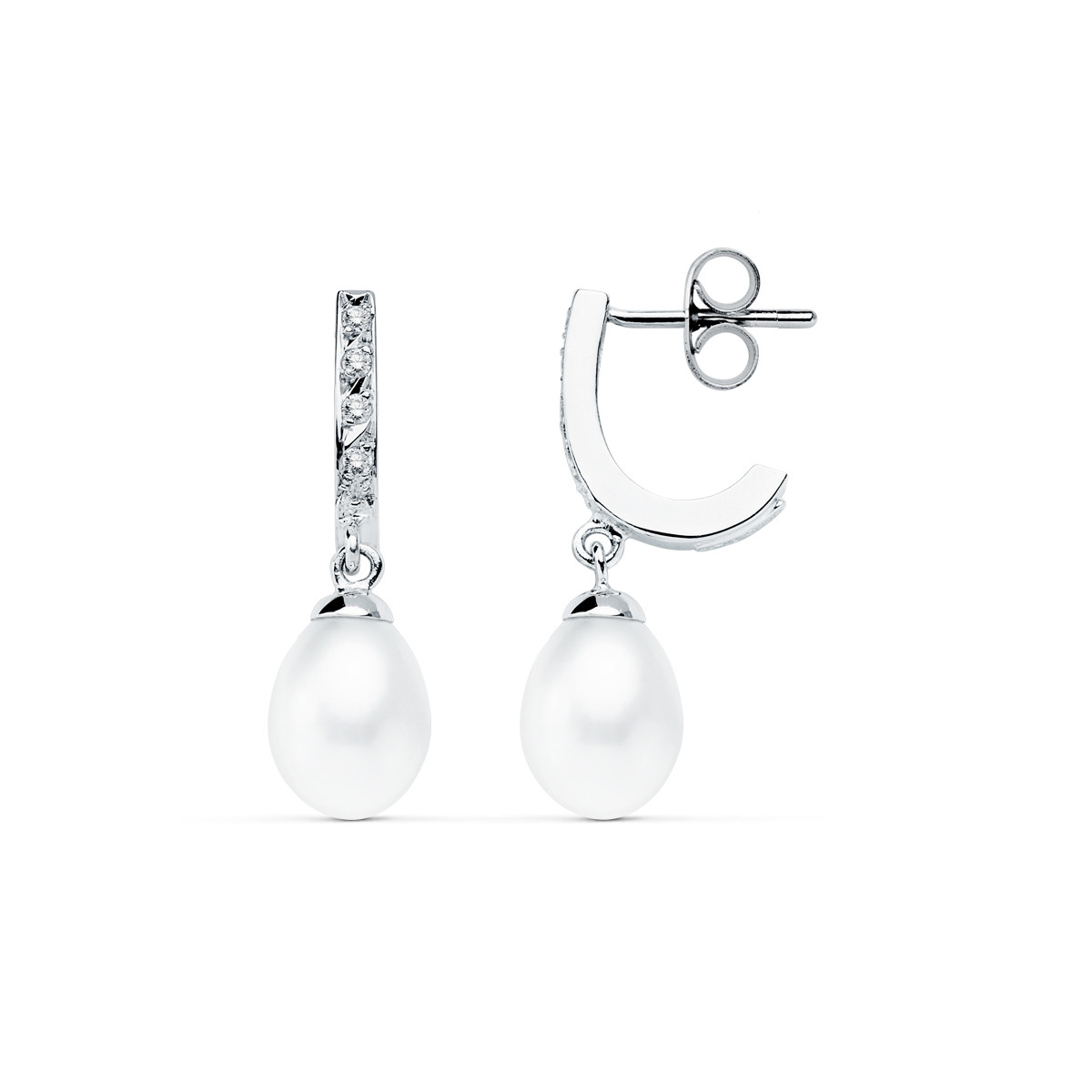9K PENDIENTES ORO BLANCO PERLA 25X7 MM CIERRE PRESION