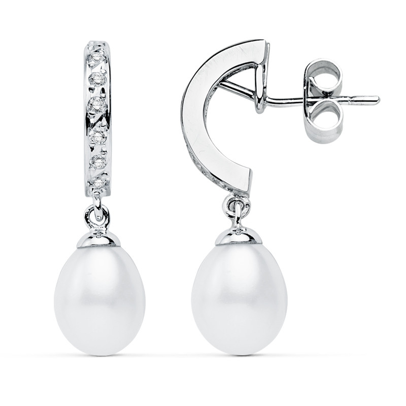9K PENDIENTES ORO BLANCO PERLA 28X8 MM CIERRE PRESION