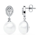 9K PENDIENTES ORO BLANCO PERLA 27X11 MM CIERRE PRESION