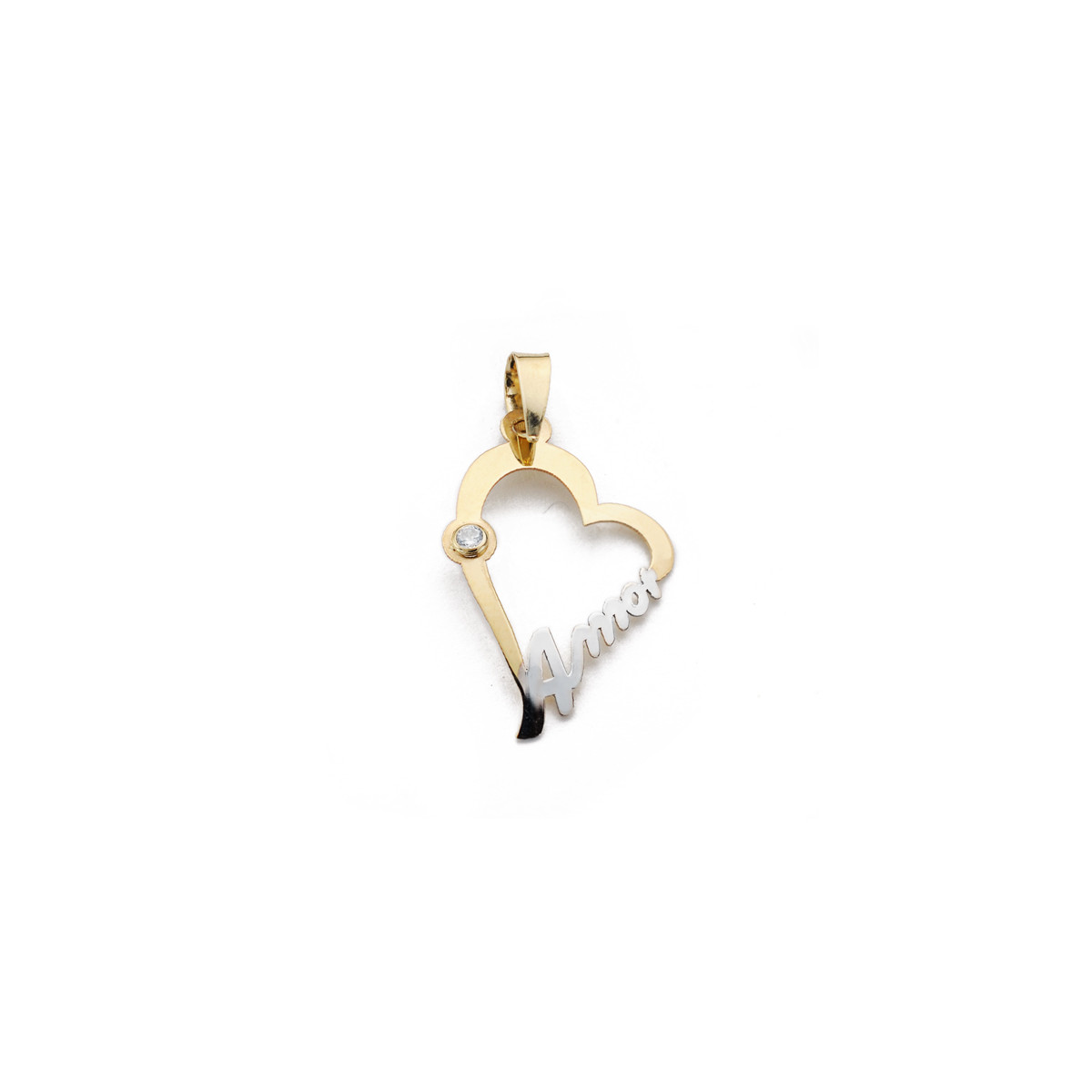 9K COLGANTE ORO BICOLOR CORAZON CON PALABRA AMOR Y CIRCONITA. MEDIDA: 22X15 MM