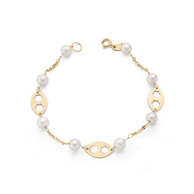 9K PULSERA ORO AMARILLO PERLA Y MOTIVOS. 18CM