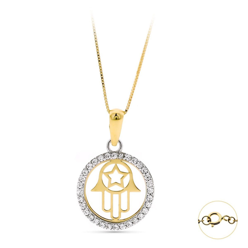 9K GARGANTILLA ORO BICOLOR COLGANTE MANO DE FATIMA 13 MM. CADENA VENECIANA LARGO: 43 CM