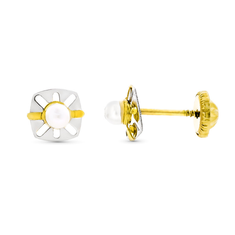 9K PENDIENTES ORO BICOLOR CALADOS CON PERLA 6X5 MM CIERRE TUERCA