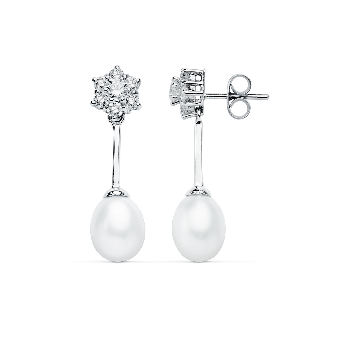 9K PENDIENTES ORO BLANCO PERLA 30X8 MM CIERRE PRESION
