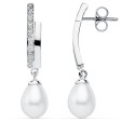 9K PENDIENTES ORO BLANCO PERLA 32X8 MM CIERRE PRESION