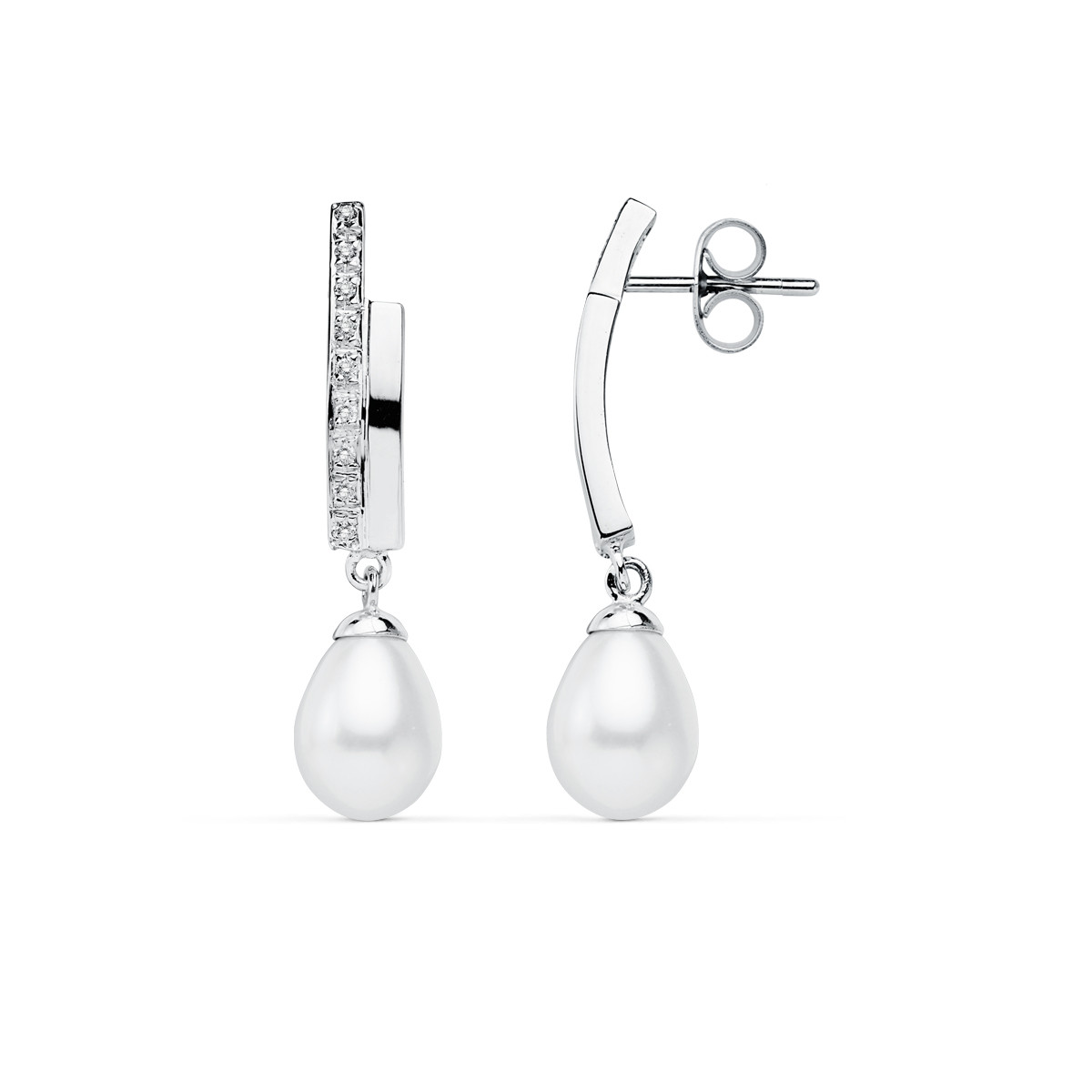 9K PENDIENTES ORO BLANCO PERLA 32X8 MM CIERRE PRESION