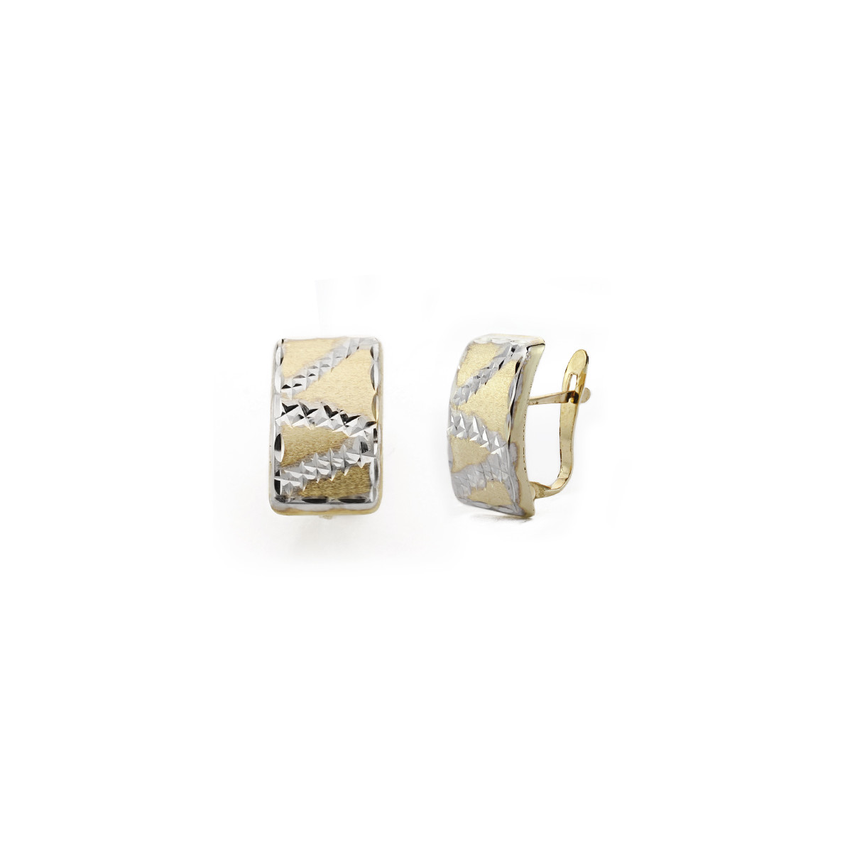 9K PENDIENTES ORO BICOLOR RECTANGULAR TALLADOS. MEDIDA: 15X9 MM CIERRE CATALAN