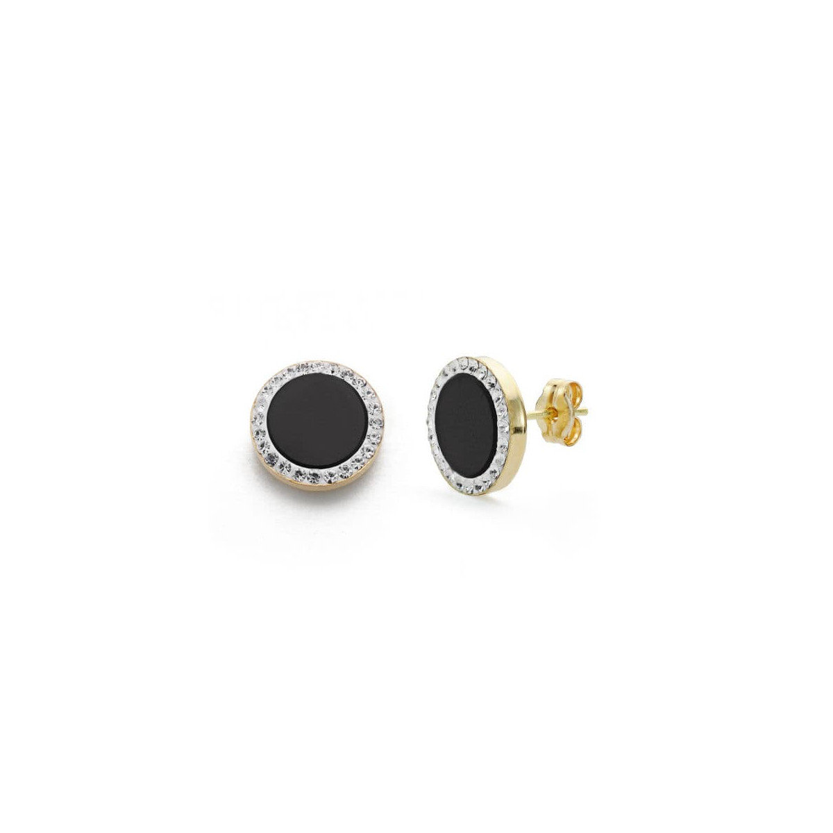 9K PENDIENTES ORO BICOLOR ONIX Y CIRCONITA 11 MM CIERRE PRESION
