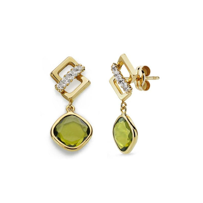 9K PENDIENTES ORO AMARILLO PIEDRA VERDE Y CIRCONITA 23X10 MM CIERRE PRESION