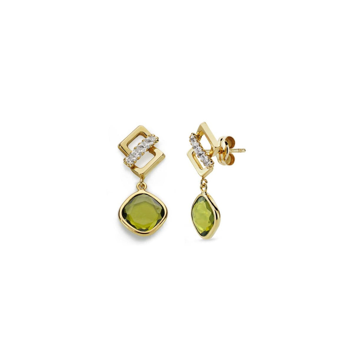 9K PENDIENTES ORO AMARILLO PIEDRA VERDE Y CIRCONITA 23X10 MM CIERRE PRESION