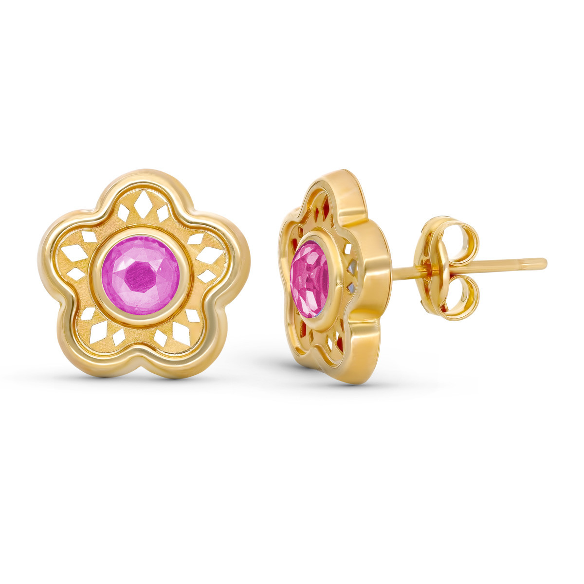 9K PENDIENTES ORO AMARILLO FLOR 11MM PIEDRA ROSA