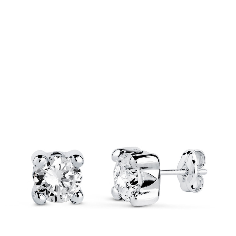 9K PENDIENTES ORO BLANCO CIRCONITA 5 MM 4 GARRAS CIERRE PRESION